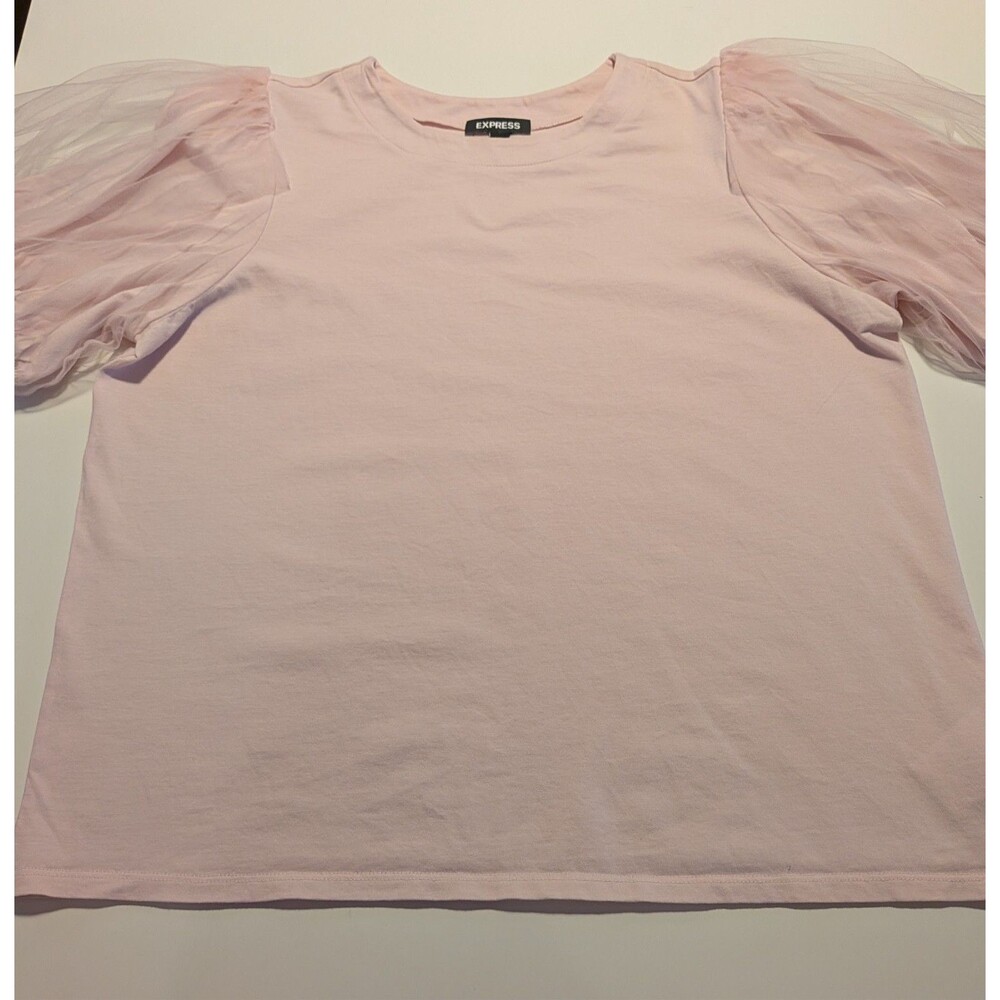 Express Women’s Size Large Pink Puff Sleeve Top Sheer Sleeves Excellent